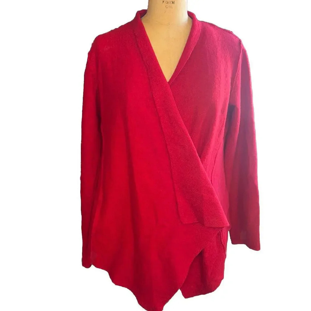 Eileen Fisher Open Front Cardigan Sweater Sz M Red 100%‎ Merino Wool Relaxed Fit